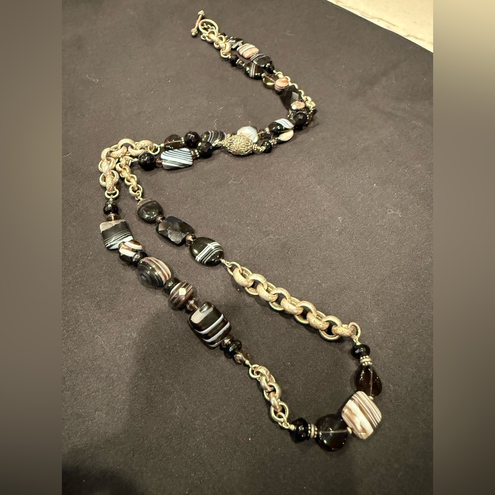 Vintage Agate and Onyx Bead Necklace with Sterling Silver Accents